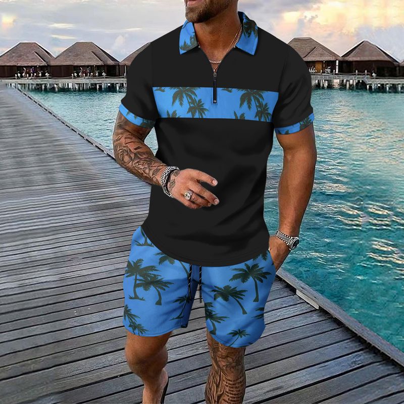 2-piece Men's Summer Holiday Style Outfit Set Short Sleeve Zip Golf Shirt & Waist Drawstring Shorts With Pockets Beach Resorts_voghion.com