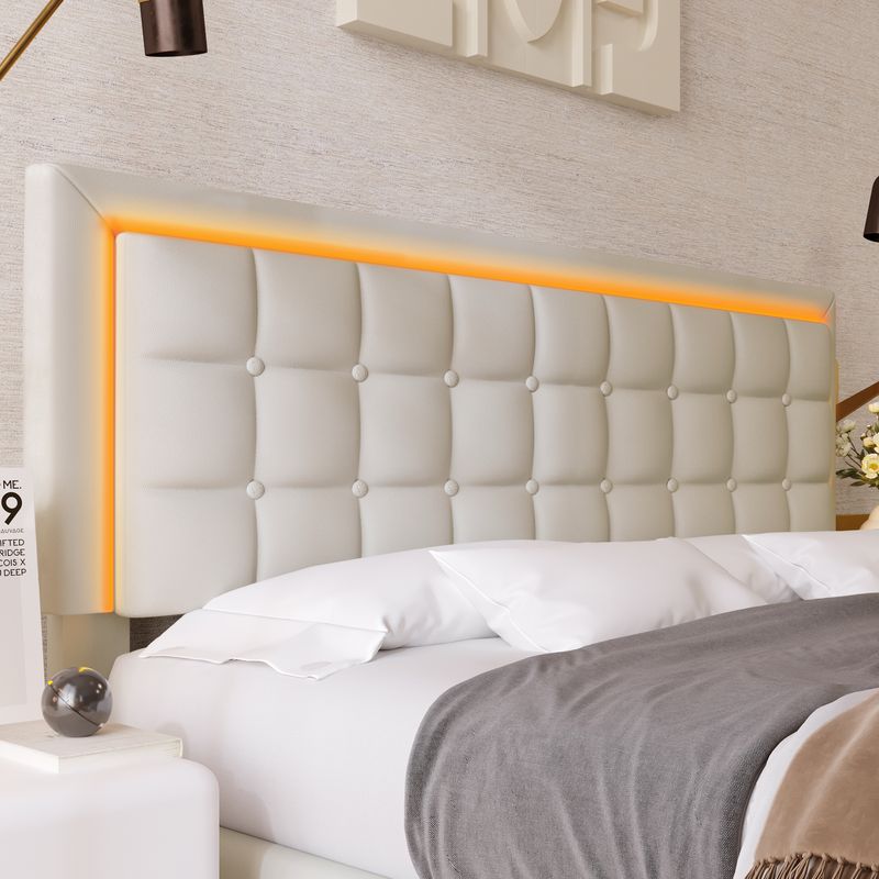 Lit double 140 x 200 cm avec sommier à lattes et rangements, avec bande lumineuse LED, cadre de lit rembourré en similicuir blanc._voghion.com
