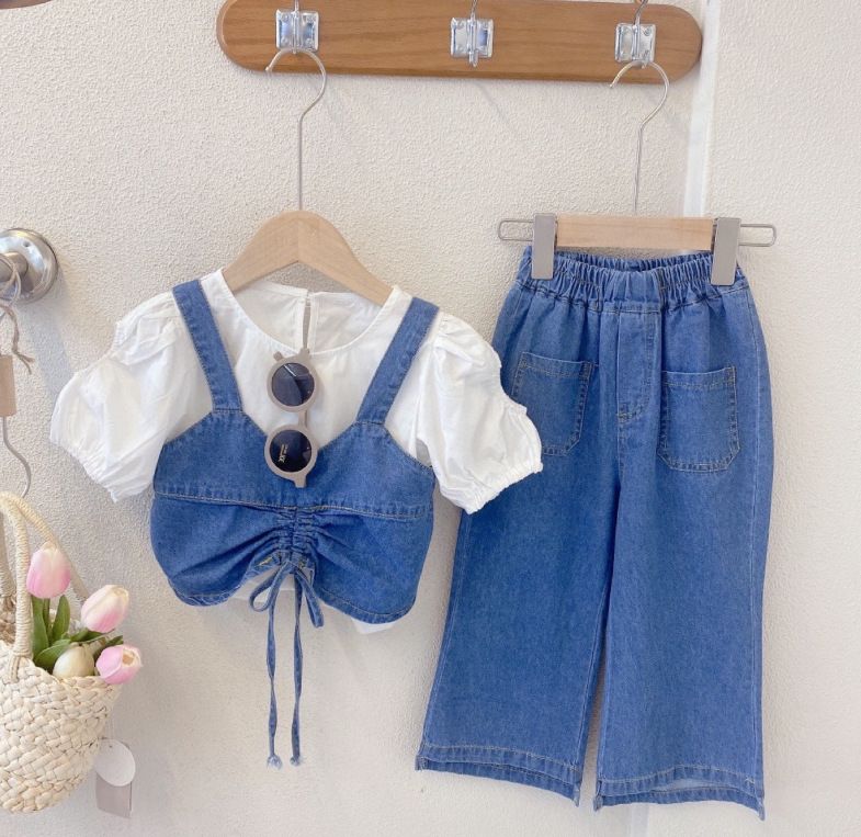 Kinderkleidung 2024 Sommer neues Mädchen Jeansanzughemd plus Hosenträger weite Hose dreiteiliger Anzug_voghion.com