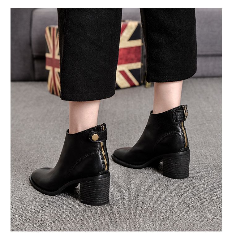 Retro Brown Spring And Autumn Chunky Heel Calf Skin Women's Boots_voghion.com