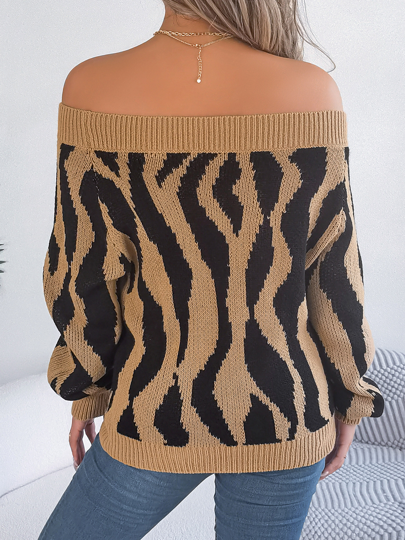 2023 Herbst Winter Casual Color-Block Off-Shoulder Laterne Ärmel Pullover Damenmode_voghion.com