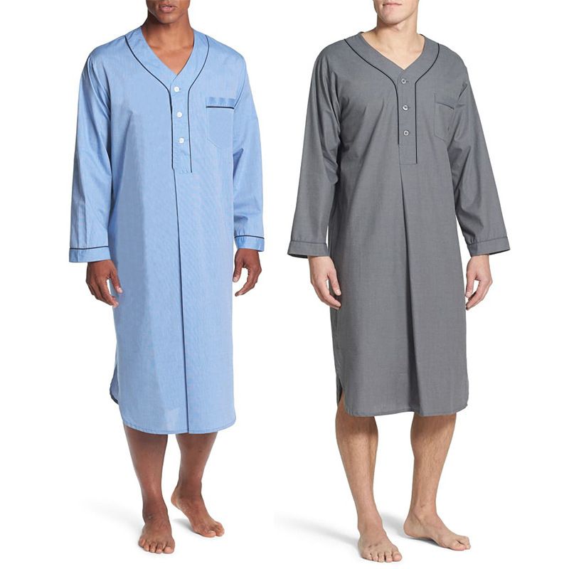 2025 Frühling Muslimischen Mittellangen Lose Feste Pyjamas männer Homewear Nachtwäsche Farbe Block_voghion.com