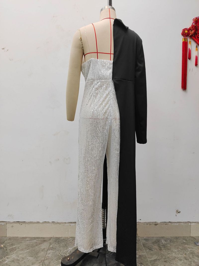 Women's e-commerce independent station women's silver spliced sequined one-shoulder fashion sequined jumpsuit_voghion.com