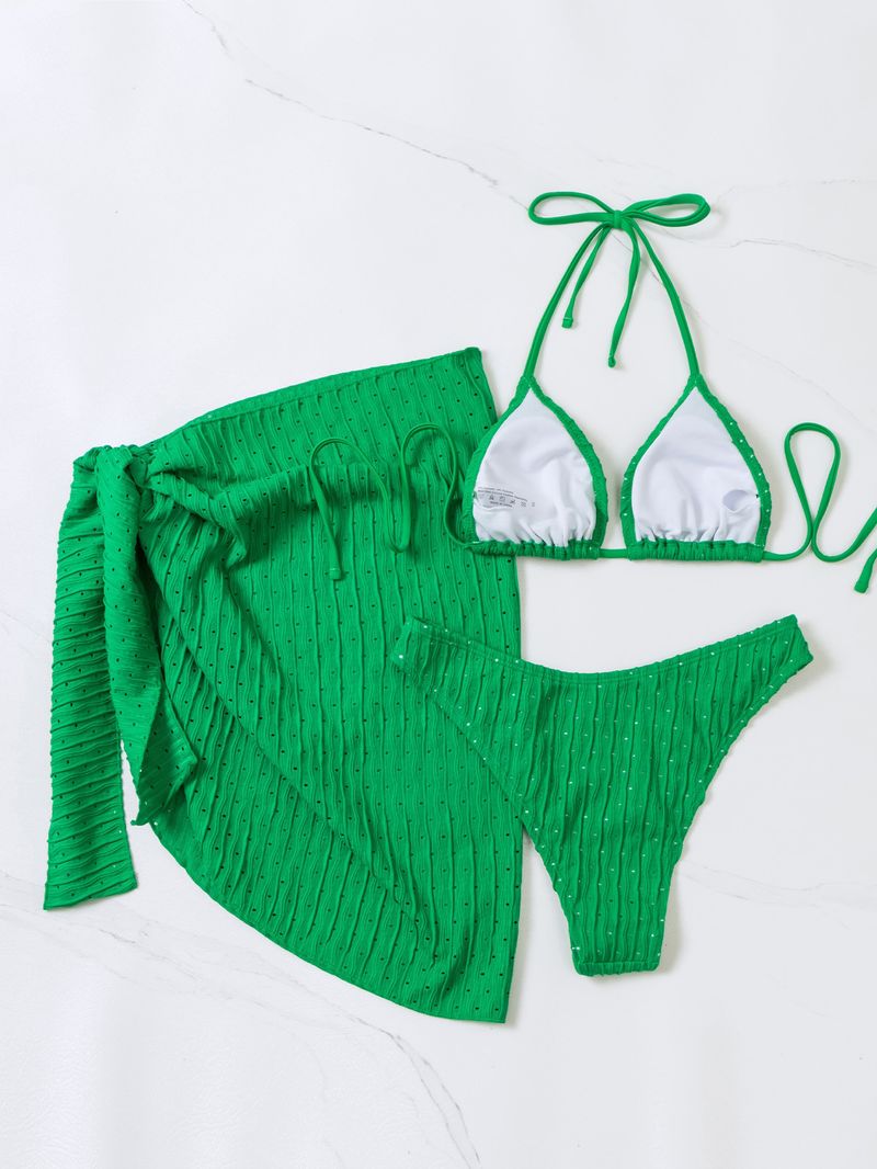 Maillot de bain sexy à lacets et dos nu pour femme, ensemble trois pièces_voghion.com