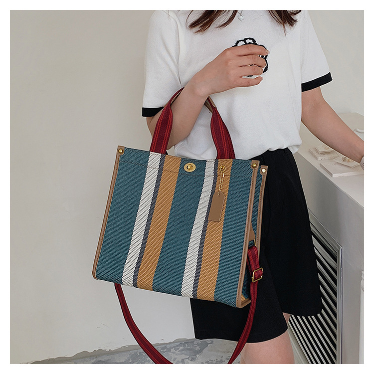Borsa tote da donna, borsa tote a mano alla moda a righe da donna, borsa a tracolla monospalla in tela color-block di grande capacità_voghion.com