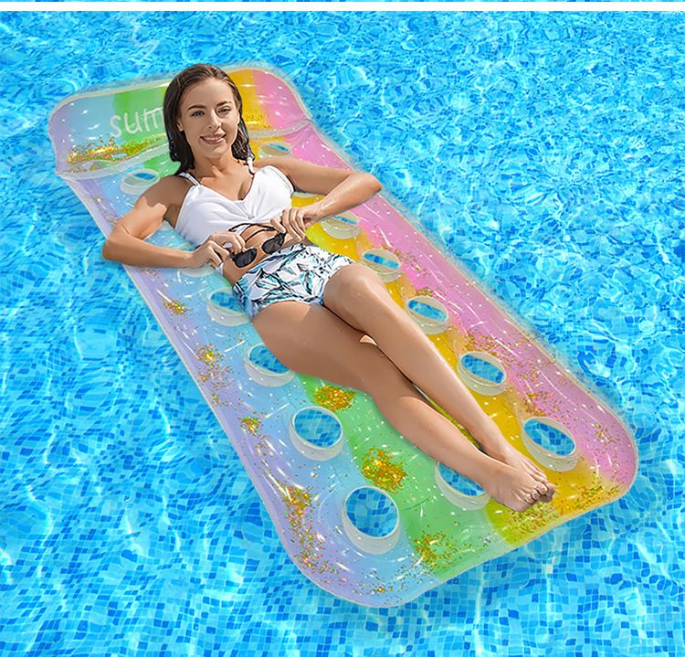 Shimmer Inflatable Lounge Chair - Ergonomic Backrest & Neck Support (Gradient PVC Floating Bed For Pool/Beach Sparkle Design With Ventilation Holes)_voghion.com