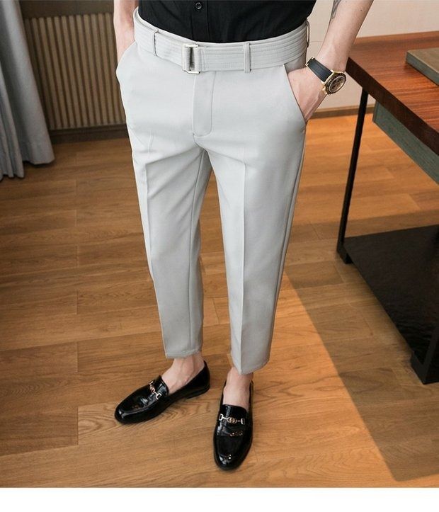 Summer New Drop Feeling Elastic Pants For Men's Korean Slim Fit Feet 9/10 British Casual Pants_voghion.com