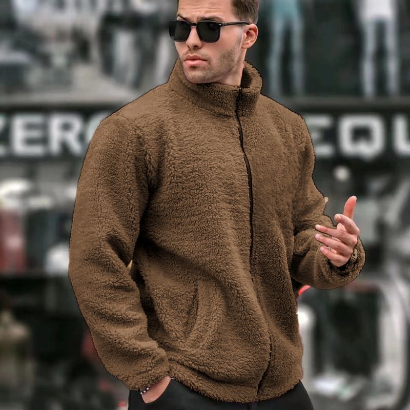 Giacca casual da uomo con collo alto, cerniera e fodera in pile - Capispalla invernale caldo, vestibilità slim, a maniche lunghe, per uno stile urbano_voghion.com