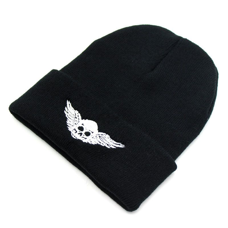 Nuovo cappello da sci autunnale e invernale con teschio e ali ricamate, in maglia, da uomo e da donna, caldo cappello di lana per l'esterno_voghion.com