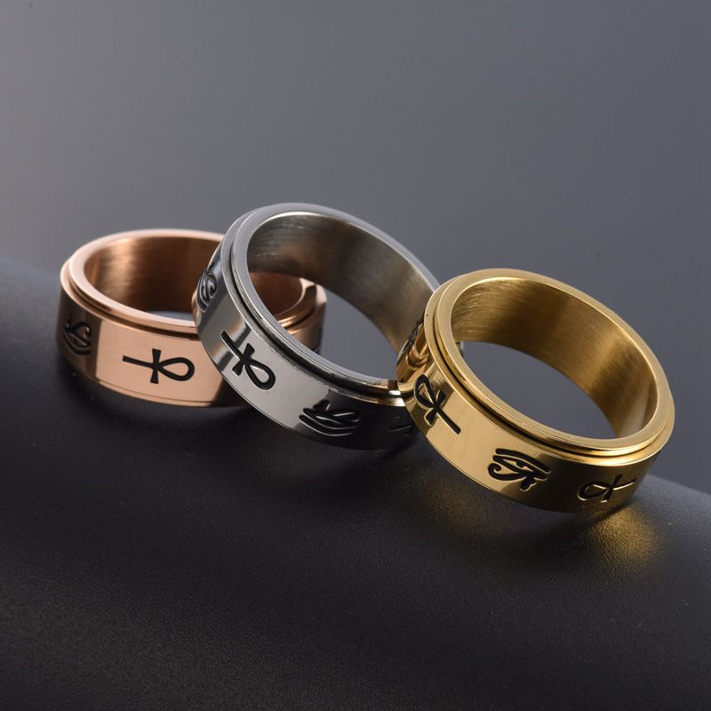 Men's Stainless Steel Rotating Ring With Cross And Eye Of Horus Design - Gothic Style Jewelry For Men - Sizes 6-12 Cross Horus Eye Logo Ring_voghion.com