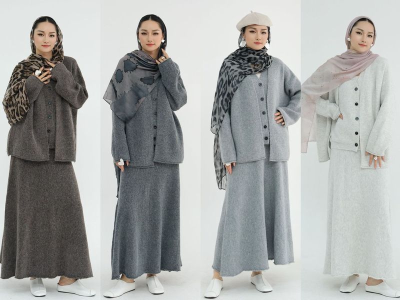 Turkish Winter Knit Set – Modest Long-Sleeve Maxi Dress & Scarf (One Size, Thermal Lined, Stretch Rayon-Blend,Neutral Palette, Hijabi-Friendly)_voghion.com