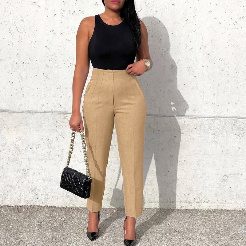 Pantalon de costume pour femmes, grande taille, mode élégante, décontracté, Slim, taille haute, couleur unie_voghion.com