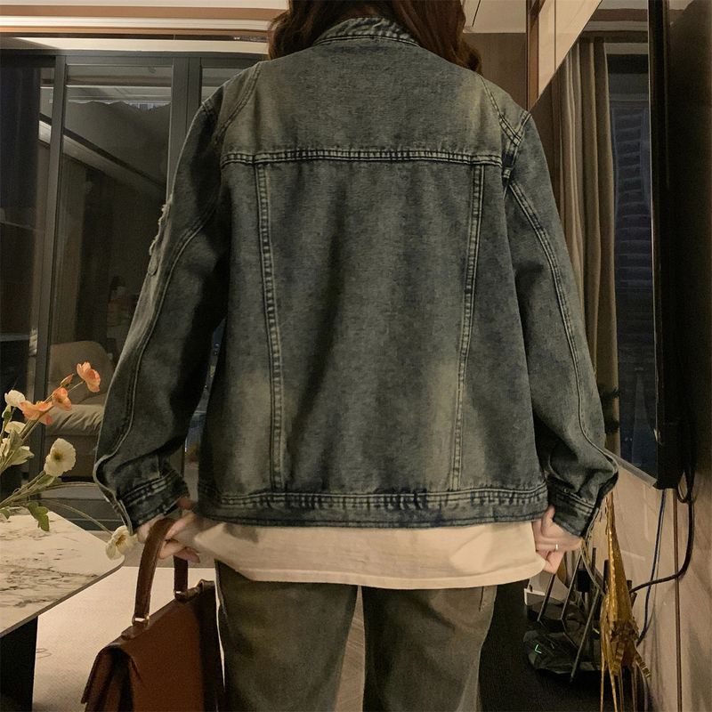 Kort vårvinterjacka i denim, casual och mångsidig, amerikansk parjacka, trendig dammodell med lös passform_voghion.com
