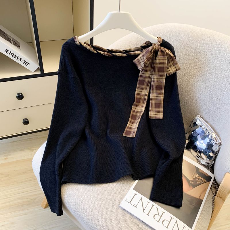 Autumn Knit Sweater Top – Scarf Tie Detail & Contrast Color Blocking, Long Sleeve Casual Pullover (White/Coffee/Black, One Size Fits Most)_voghion.com