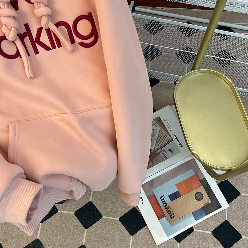 Women's Clothing plush sweatshirt with embroidered flowers for autumn and winter warm tops, thickened and loose large size women's hooded sweatshirt_voghion.com