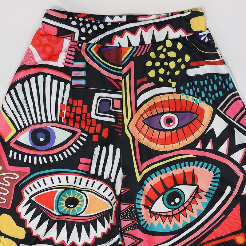 Abbigliamento da donna, completo due pezzi con stampa alla moda, scollo rotondo, top a maniche corte, pantaloni larghi e comodi, pantaloni a gamba larga_voghion.com