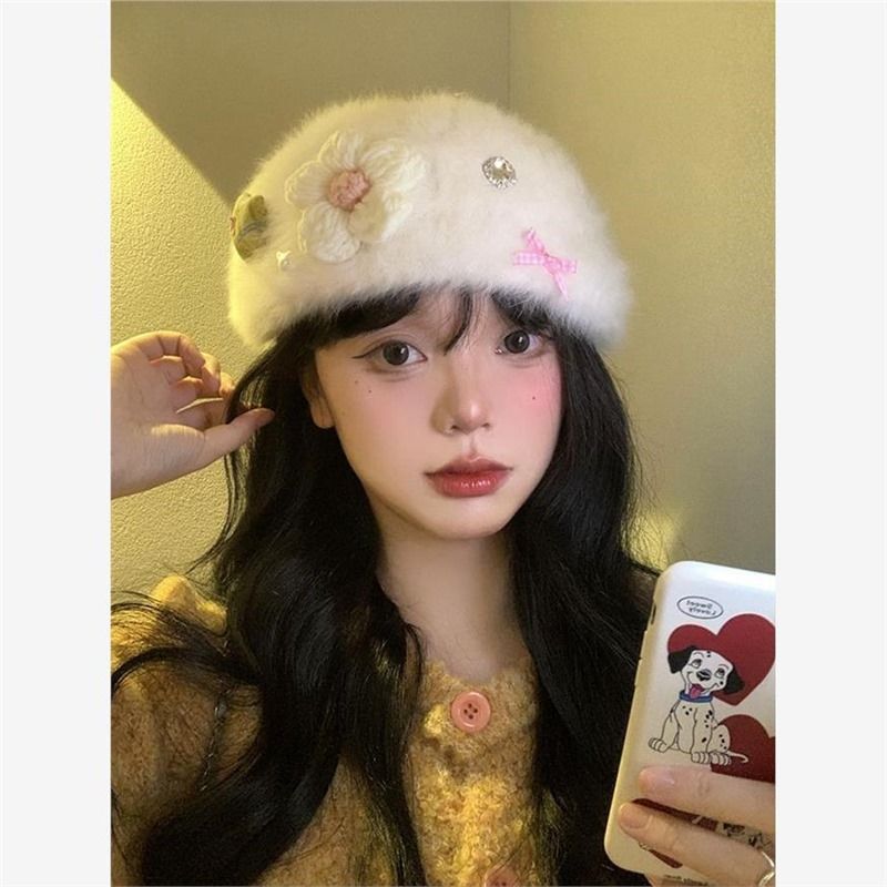 Basco da donna in peluche a fiori, modelli autunnali e invernali, circonferenza della testa ampia, viso sottile, berretto reversibile, caldo_voghion.com