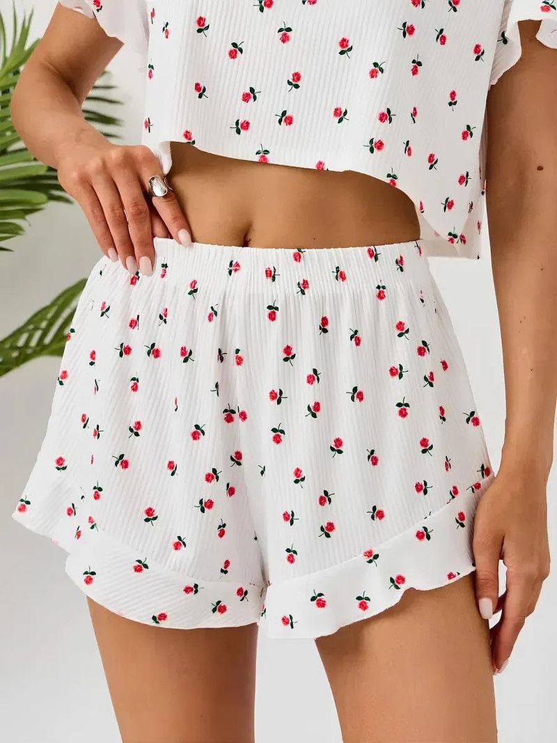 Damen Pyjamas Loungewear Set, Ronn Hals Lotus Leaf Sleeve Short Sleeve Shorts Set, Blummenmuster_voghion.com