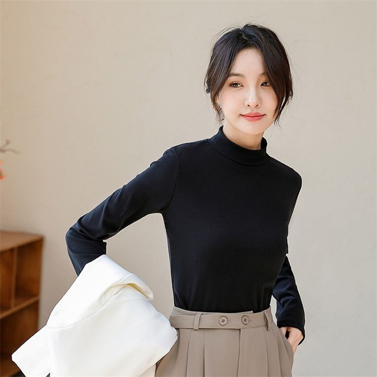 Double-Sided Thermal Base Shirt For Women, Autumn And Winter New Style, Half Turtleneck, Thickened, Warm, Slim Fit,_voghion.com