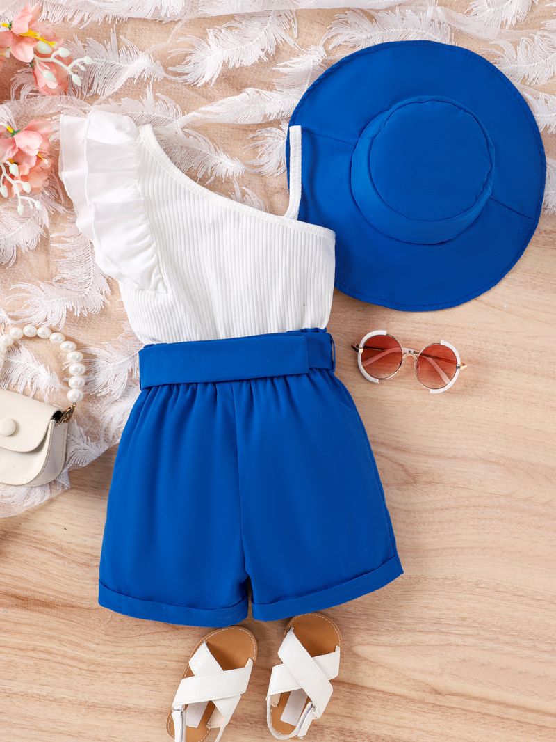 New Summer Girls' Set, Small Medium Children's Diagonal Shoulder Suspender with Flying Sleeves Top+Shorts and Hat Three_voghion.com