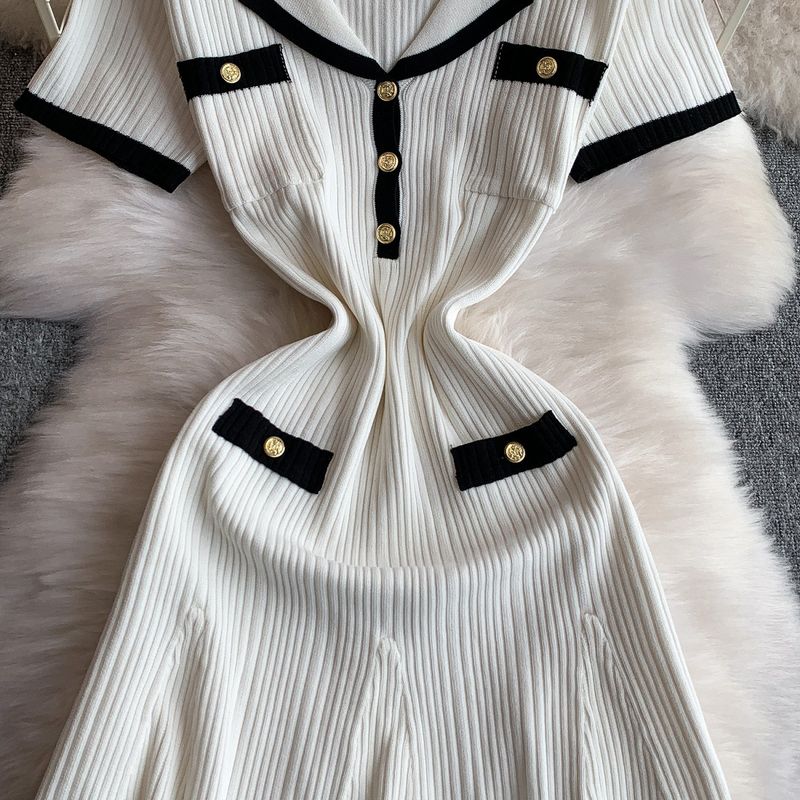 Inspired Strickkleid mit Metallknöpfen, elegantes A-Linien-Plissee-Minikleid mit hoher Taille, Tunika, Bürokleid, Sommerkleid mit kurzen Ärmeln und Blazerkragen für Damen_voghion.com