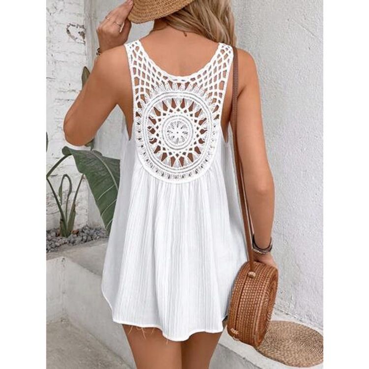 Camiseta sin mangas holgada con escote en V y encaje en la espalda para mujer, novedad de verano 2025_voghion.com