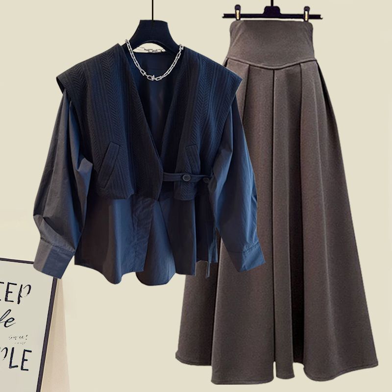 Women's Spring Layered Outfit Set - Slimming Mock Two-Piece Top & Midi Skirt Coordinated Ensemble (Black/Khaki Options)_voghion.com