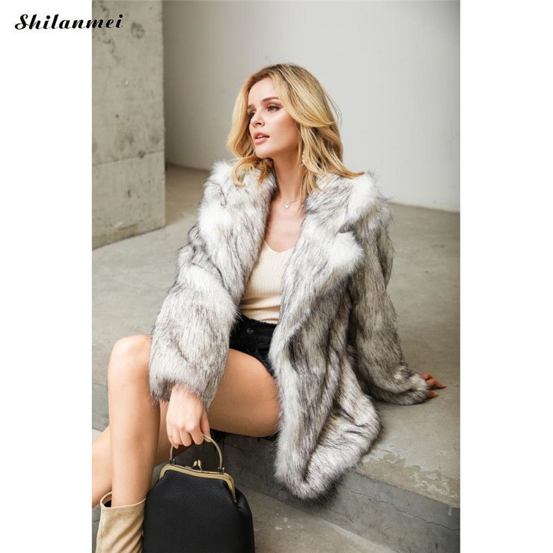Women's Faux Fur Coat With Notched Collar, Long Sleeve Streetwear Jacket, Winter Warm Thickened Faux Fur Outerwear_voghion.com