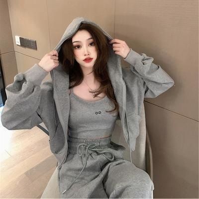 2025 Early Spring New Casual Sports Suit For Women, Long Pants With Zipper Hoodie Jacket And Camisole Three-Piece Set_voghion.com