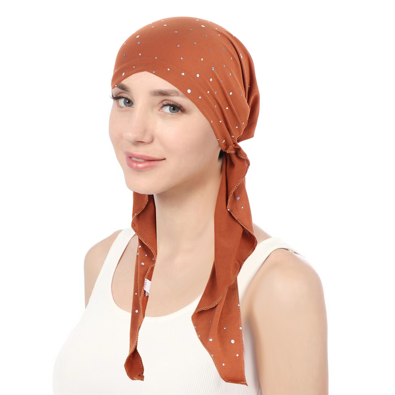 Women's Hats sequin headscarf chemotherapy cap curved solid color cap multi-color strap elastic pullover cap_voghion.com