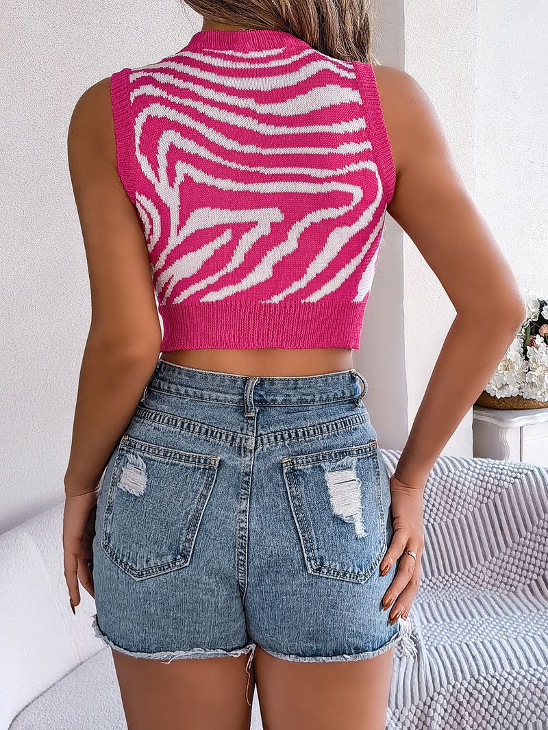 Top corto in maglia con stampa zebrata e motivo a blocchi di colore, modello traforato estivo 2025, moda donna_voghion.com