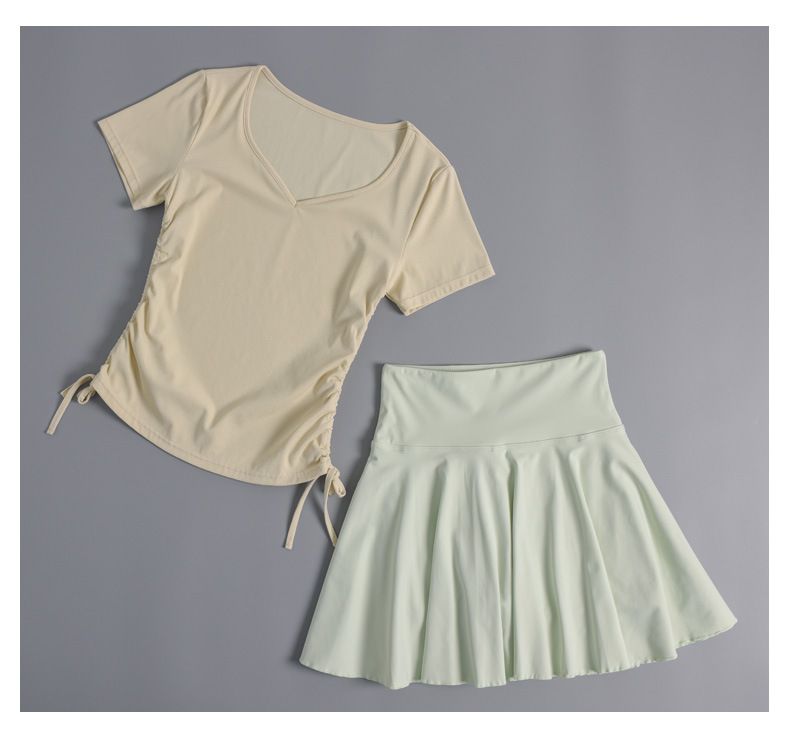 Ropa de yoga, camiseta de manga corta para mujer, top adelgazante con cordón, ropa de entrenamiento de pilates, ropa de fitness, falda plisada_voghion.com