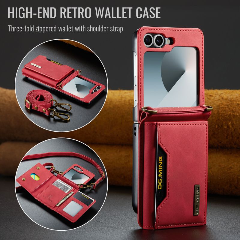 Custodia pieghevole M2 per Samsung Z Flip6 Custodia per telefono con portafoglio per carte Custodia protettiva in pelle con tracolla Z Flip6_voghion.com