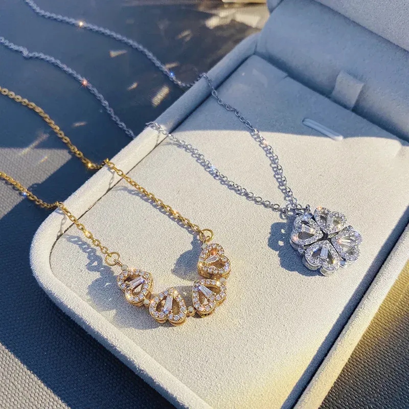 Mode Liefde Klaver Magnetische Vrouwen Hanger Sieraden Temperament Sleutelbeen Ketting Kunstmatige Edelsteen Een Tweevoudig Draag Ketting Cadeau_voghion.com