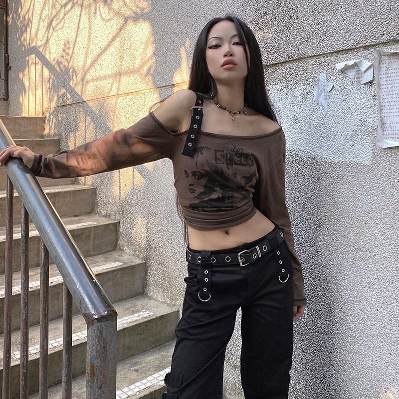 M22TP5482024 Haut imprimé Ceinture Boucle Sangle Épaule diagonale Un seul côté Manches 7/4 Vêtements pour femmes_voghion.com