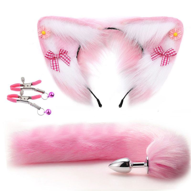 Yanse Sexy Peloso Orecchie di Gatto Colorate Coda di Volpe Lunga in Acciaio Inox Plug in Metallo Set Erotico Cosplay Lesbico Sesso Anale Plug per Donna_voghion.com