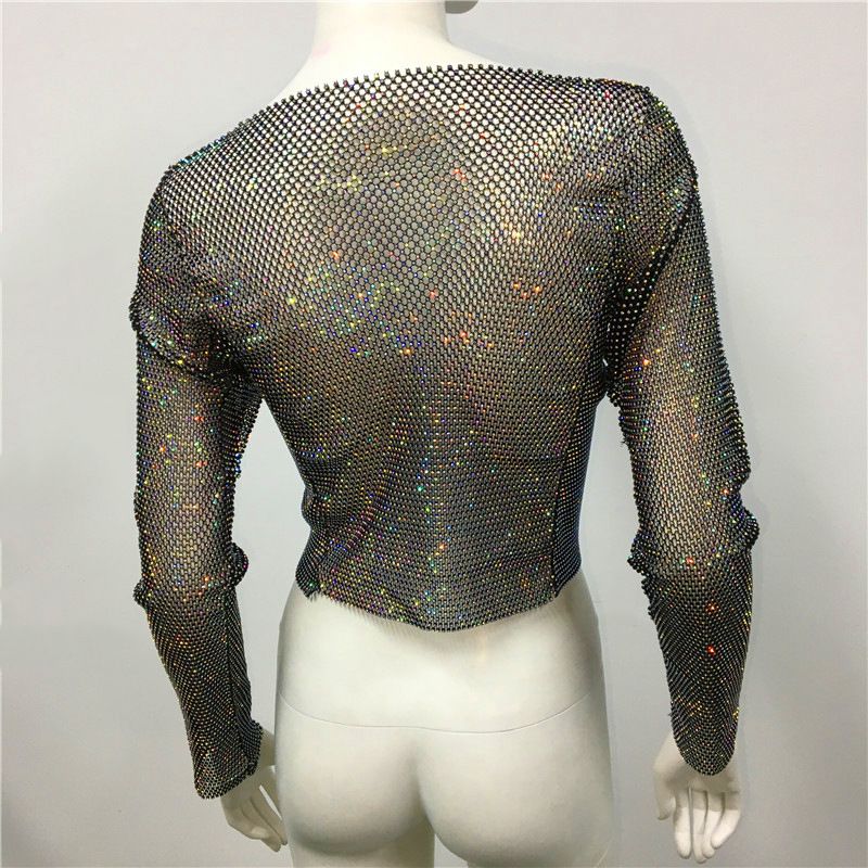 Maglietta da pesca con strass, a maniche lunghe, girocollo, leggera e di lusso, da donna, con look scintillante, alla moda e di tendenza._voghion.com