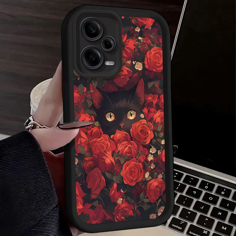 Juodas katės, rožės, gėlės ir jūros dėklas, skirtas „Xiaomi Redmi Note 13 12 11 Pro Plus 4G 5G 12S 11S 10S 10 9 9S Redmi 14C 13C 12C A3 12“ dangteliui_voghion.com