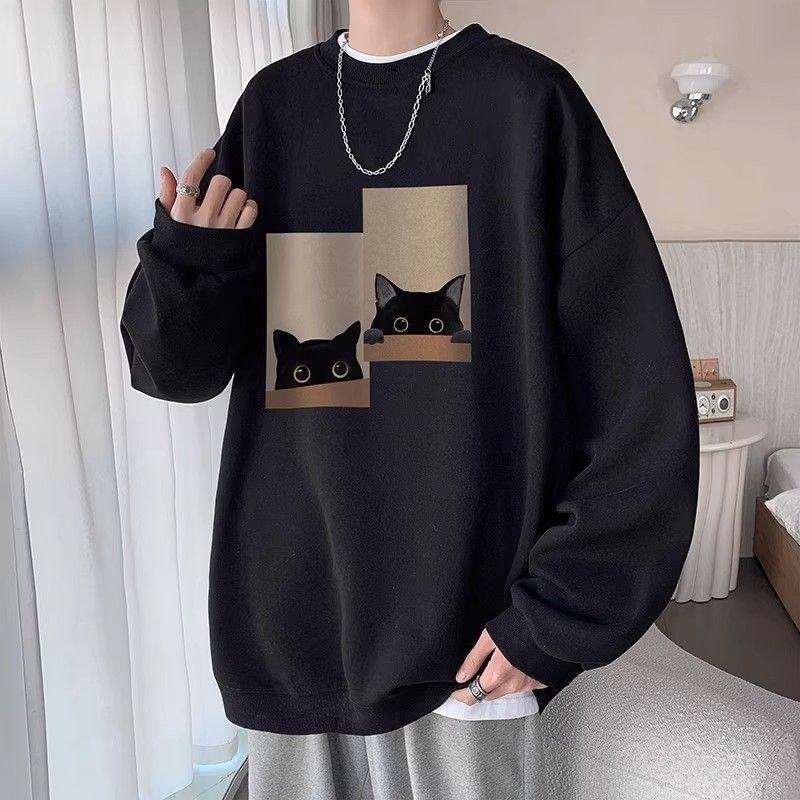 Felpa girocollo senza cappuccio con stampa di gatto pigro chic per uomo, giacca in pile alla moda per giovani, autunno inverno_voghion.com