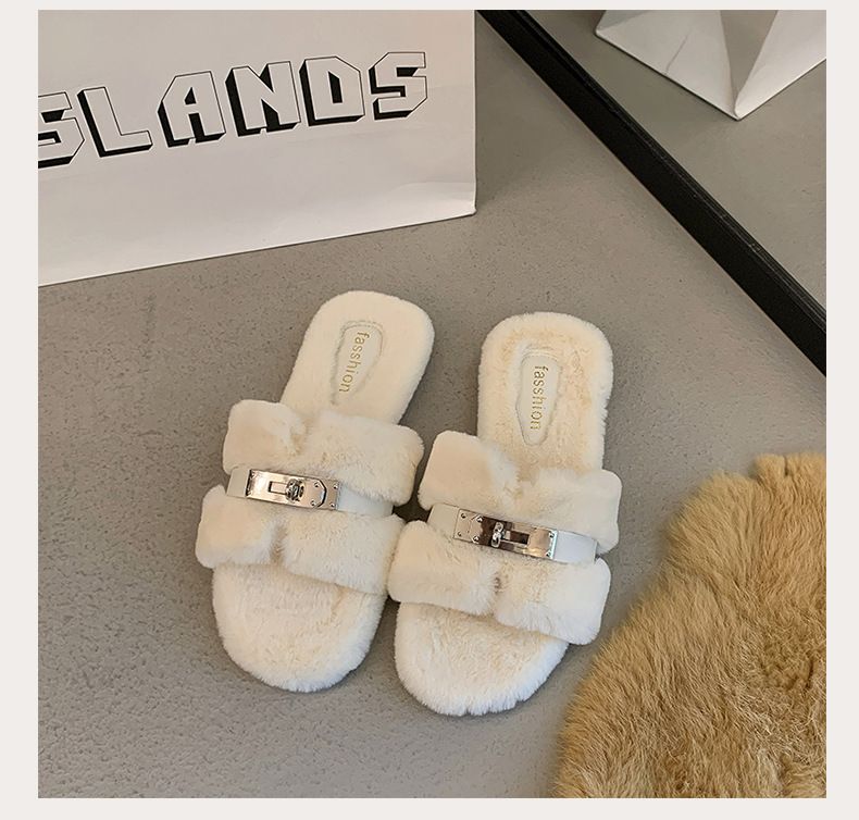 Chaussons poilus pour femmes, automne-hiver 2025, pantoufles d'extérieur en peluche à semelle plate en forme de H, pantoufles à semelle plate_voghion.com