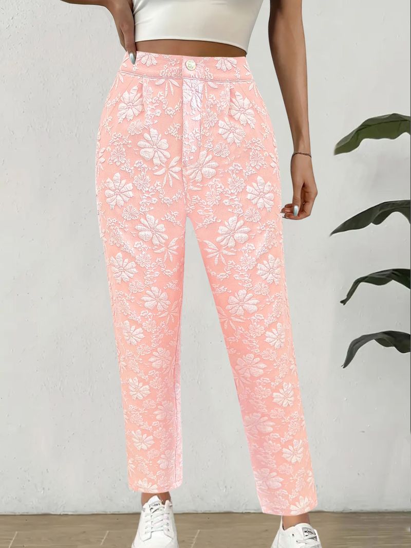 Pantaloni casual da donna a vita alta con tasche, modello dritto in jacquard floreale, per l'estate_voghion.com