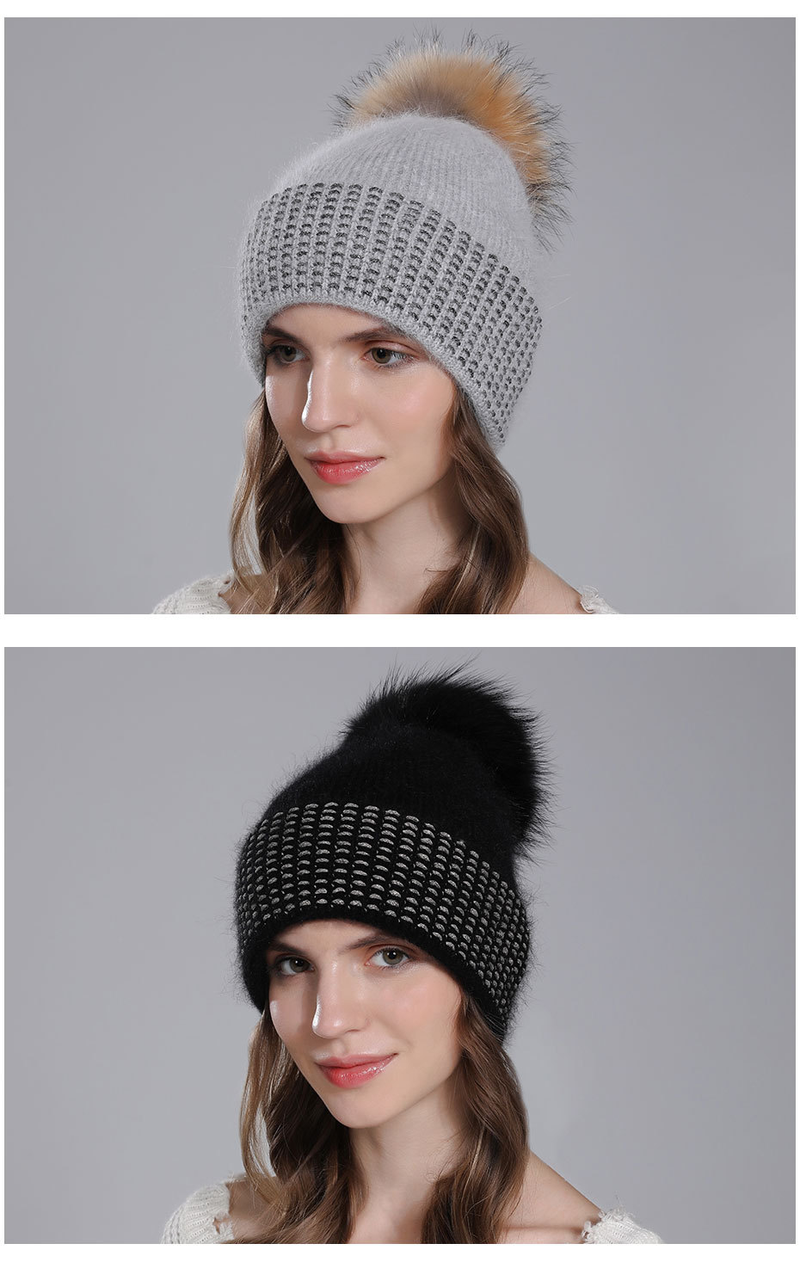 Echter Waschbärfellball für Damen, warm gestricktes Kaninchenhaar für Kinder, modische Wintermütze aus Wolle_voghion.com