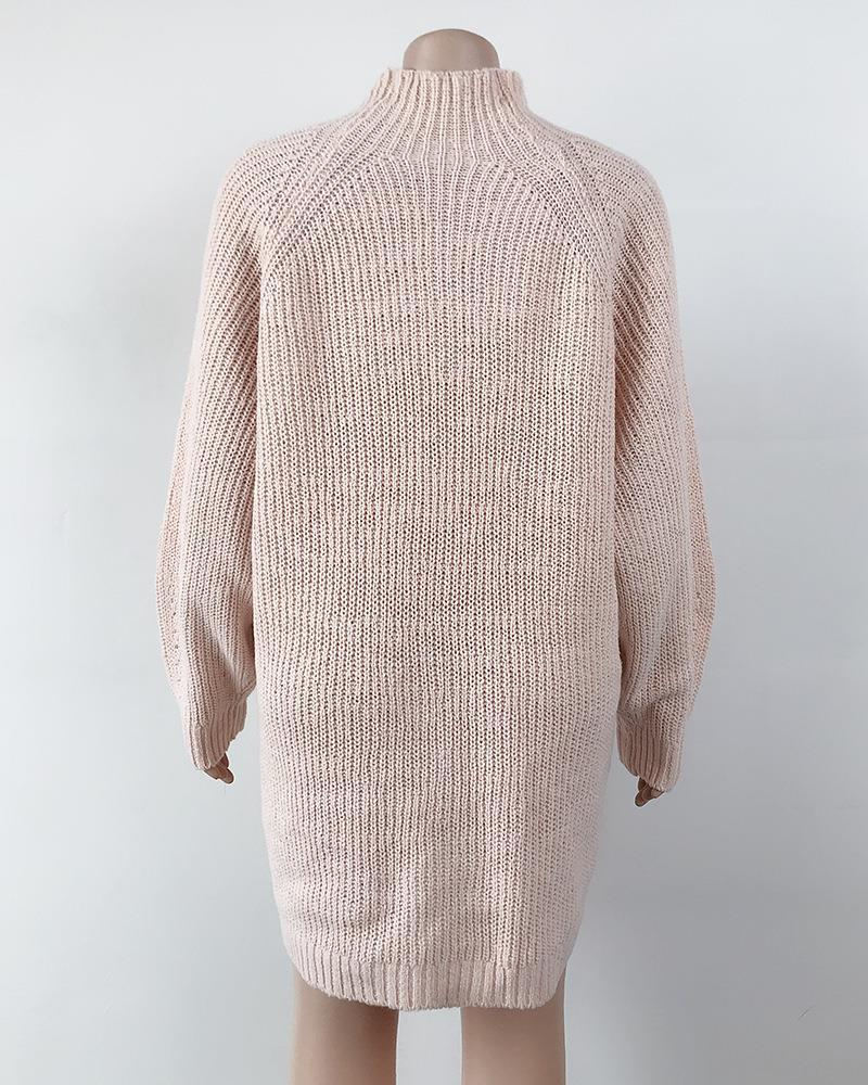 Knitted Sweater Mid-Length Raglan Sleeve Half Turtleneck Sweater Dress_voghion.com