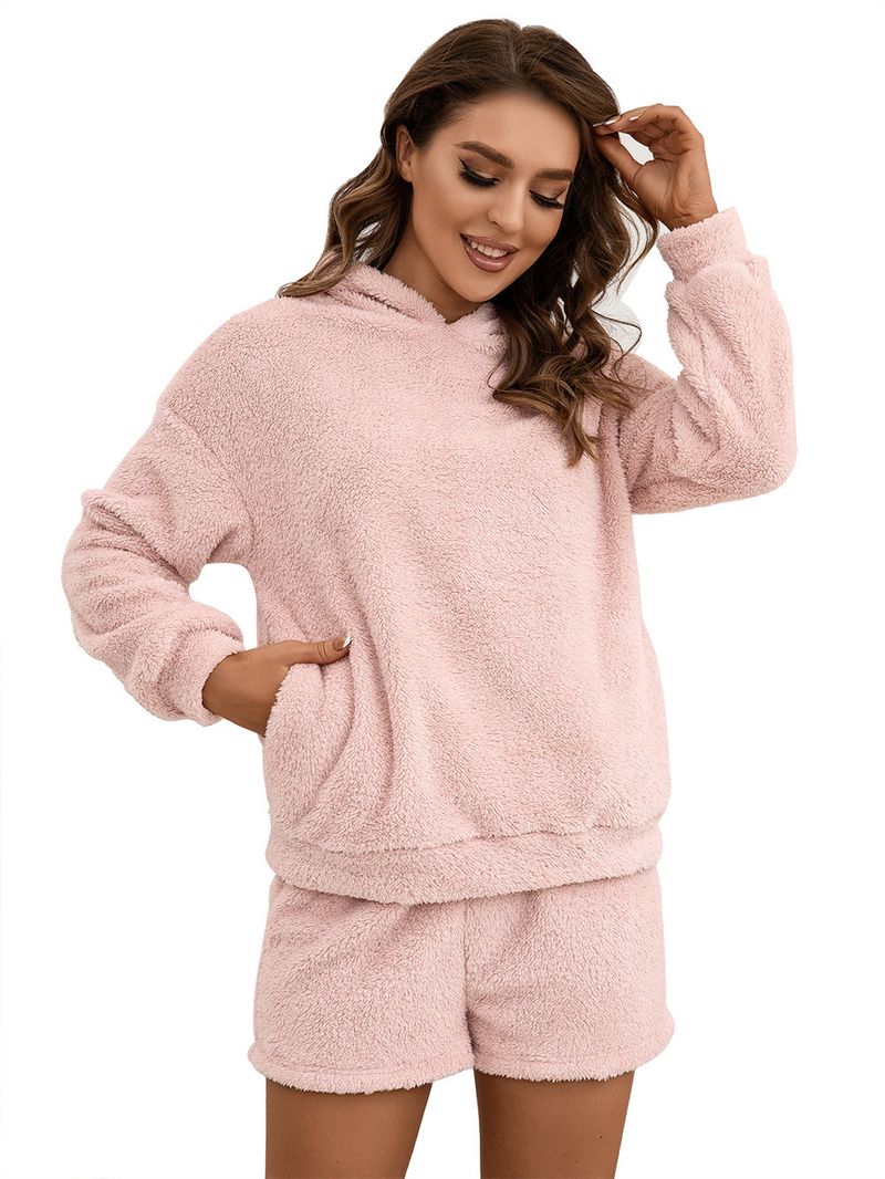 Pelziges Kapuzen-Sweatshirt-Set, lässige Heimkleidung, doppelseitiges Plüsch-Zweiteiler-Set für Damen_voghion.com