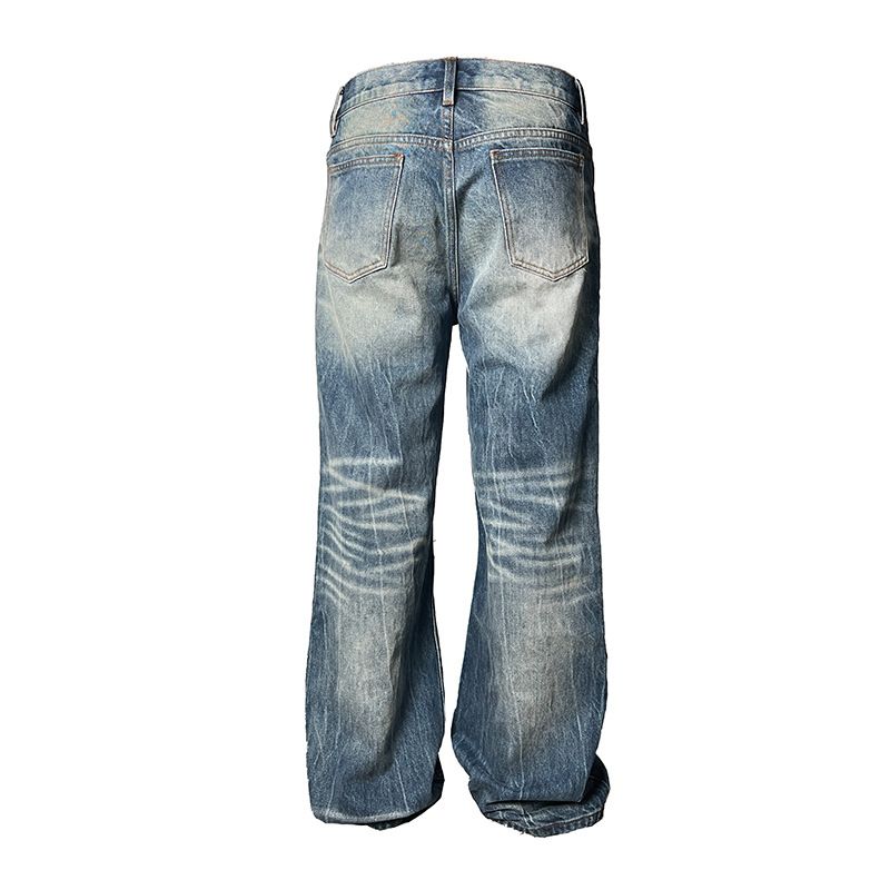 Herrenbekleidung Retro Dunkelblau Lightning Cracked Jeans Lockere Hose mit weitem Bein Verwaschene gerade Schlaghose_voghion.com