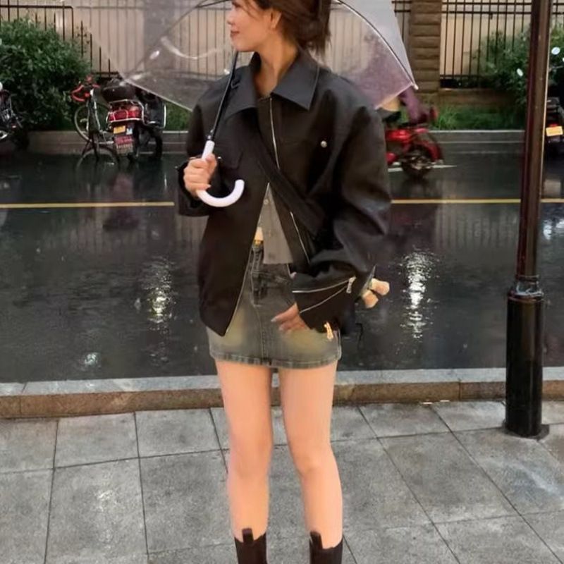 Giacca da motociclista Melard American PU in pelle di piccole dimensioni, stile nuovo per primavera e autunno, marrone per donna_voghion.com