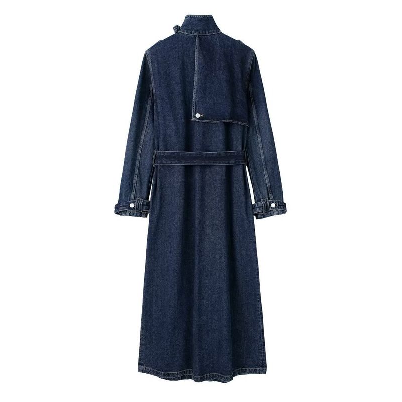 Langer Denim-Trenchcoat für Damen im Herbst mit Gürtel – Oberbekleidung, Trenchcoat, Oversize-Jacke, Freizeit- und Bürokleidung_voghion.com