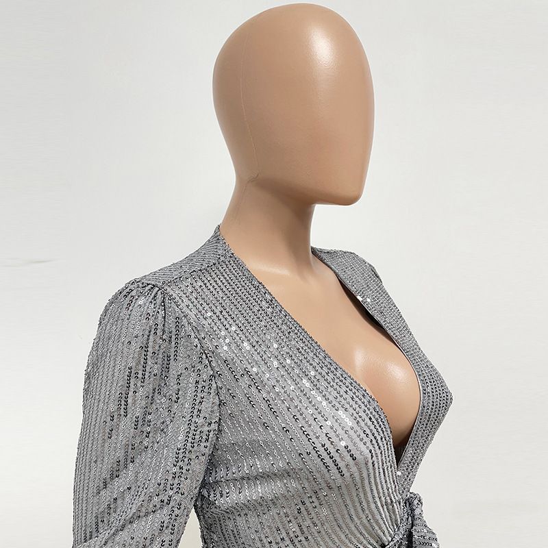 Damkläder Ins Style Deep V Mode Casual Jumpsuit Långärmat Bälte Paljett Jumpsuit Dam_voghion.com