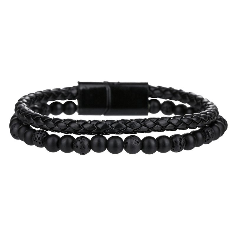 Pulsera versátil de hip hop para hombre con hebilla magnética de cuero de doble capa y cuentas de piedra volcánica de ojo de tigre natural._voghion.com