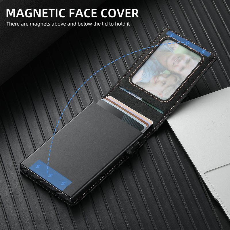 Card Cases Carbon Fiber Leather Keys Automatically Eject Card Case Card With Photo Frame Oil Wax Glossy Lychee Scrub_voghion.com